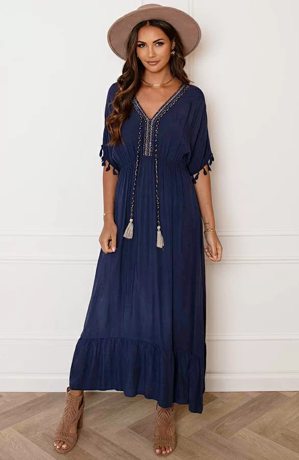 V-hals Lurex Jurk Maxi Maris Marine 2 V-hals Lurex Jurk Maxi Maris Marine - Afbeelding 2