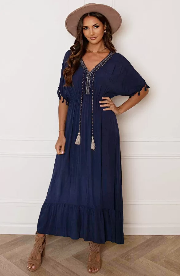 V-hals Lurex Jurk Maxi Maris Marine 3 V-hals Lurex Jurk Maxi Maris Marine - Afbeelding 3