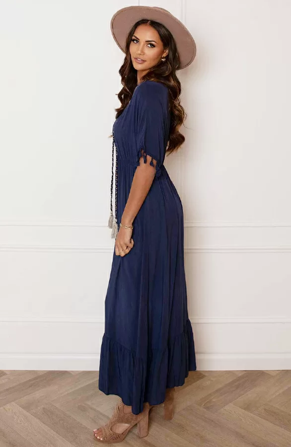 V-hals Lurex Jurk Maxi Maris Marine 4 V-hals Lurex Jurk Maxi Maris Marine - Afbeelding 4