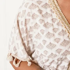 V-hals Lurex Jurk Print Maris Beige -Mooie Stijl Verkoop V hals Lurex Jurk Print Maris Beige 7 586x900 1