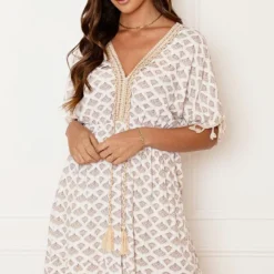 Deal V-hals Lurex Jurk Print Maris -Mooie Stijl Verkoop V hals Lurex Jurk Print Maris Beige 8 586x900 2