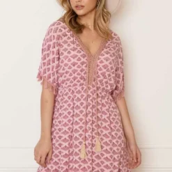 V-hals Lurex Jurk Print Maris Dust Pink