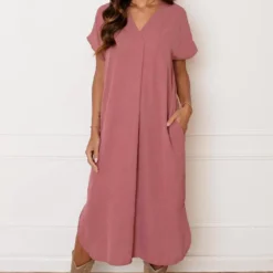 V-hals Midi Jurk Lilly Dust Roze -Mooie Stijl Verkoop V hals Midi Jurk Lilly Dust Roze 1 586x900 2