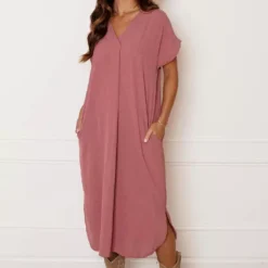 V-hals Midi Jurk Lilly Dust Roze -Mooie Stijl Verkoop V hals Midi Jurk Lilly Dust Roze 3 586x900 2